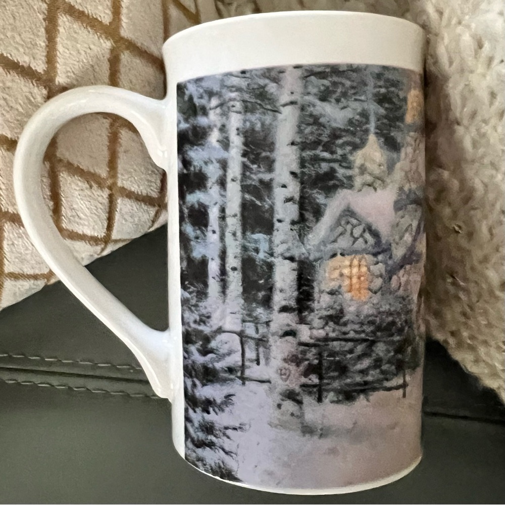 NWOT Vintage 1993 THOMAS KINKADE Snowy Cabin COFFEE Tea TALL MUG Cup 12-14 oz - Picture 10 of 17